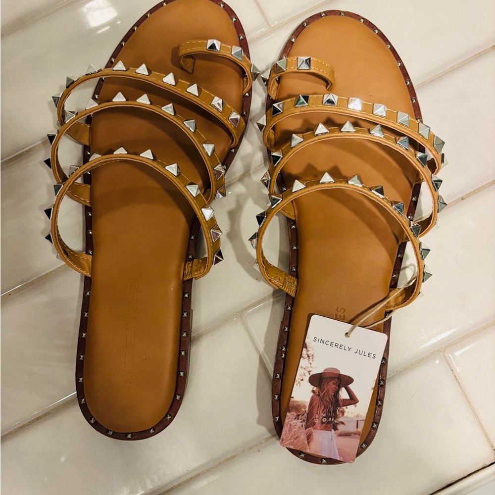 Sincerely Jules Tan Studded Sandals with Leather Straps